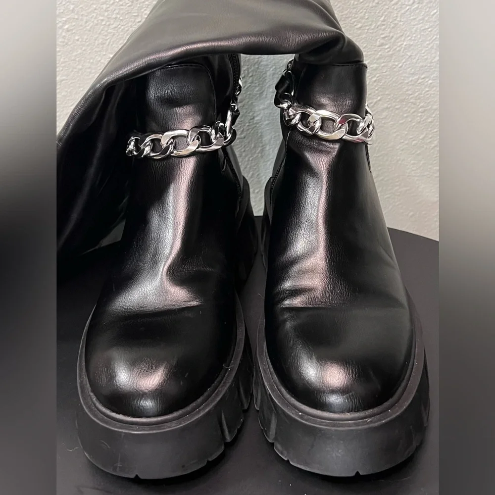 G By Guess Coen Tall Platform Boots Over The Knee Chain Chunky Festival Goth